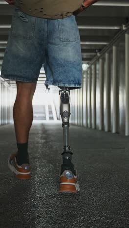 person with a prosthetic leg walking through a tunnel