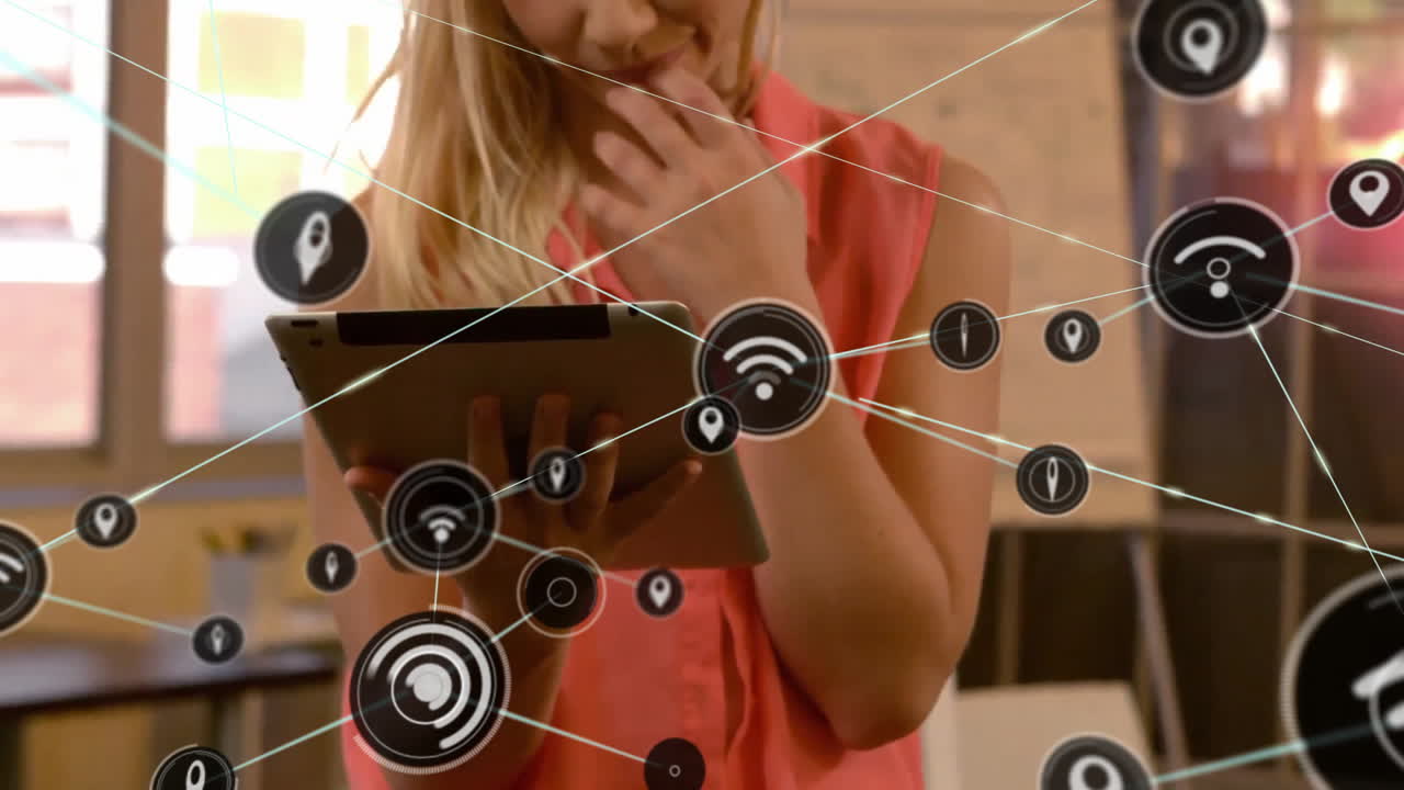 animación de la red de conexiones con iconos wifi sobre mujer de negocios caucásica en la oficina