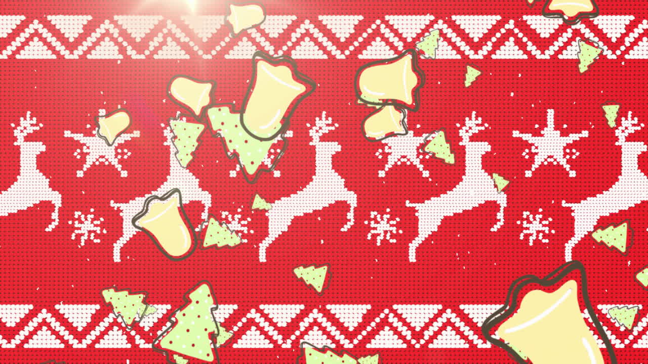 Animation of bells and christmas trees over christmas pattern on red background