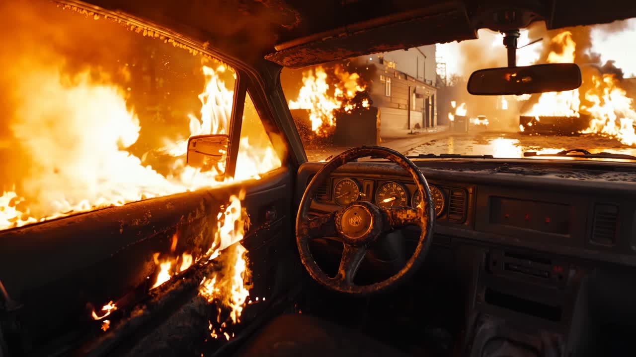 un coche está envuelto por llamas en el lado de la carretera