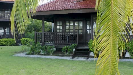 close up tracking shot beach resort langkawi island, buildings, palms and beach, daylight, no people