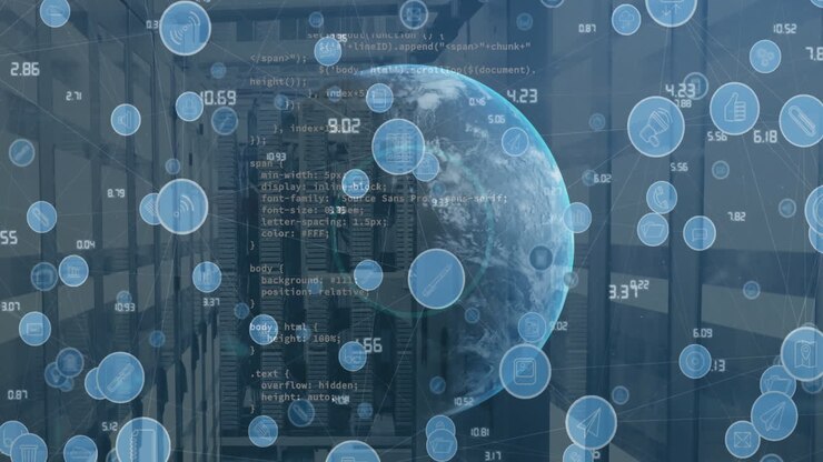 Animation of media hubs and globe over processing data and server room