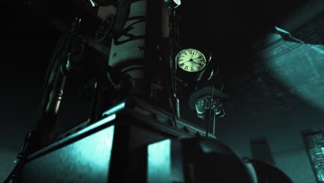 realistyczne renderowanie 3d ciężkiej przemysłowej maszyny w stylu steampunk w zakurzonym starym magazynie, z tłokami, kołami zębatymi, zegarami i manometrami