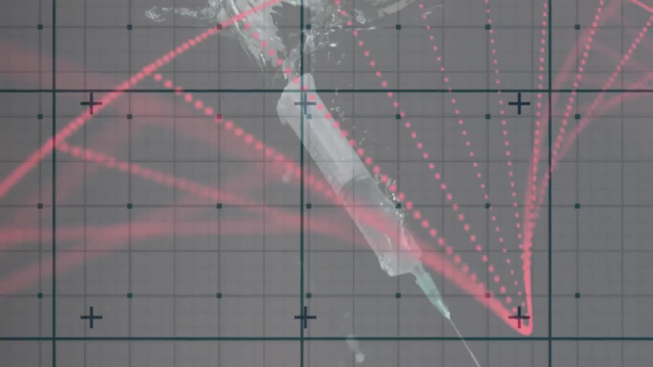 파란색 격자 위에 빨간색 입자가 dna 나선과 회색 바탕에 주사기를 형성하는 애니메이션