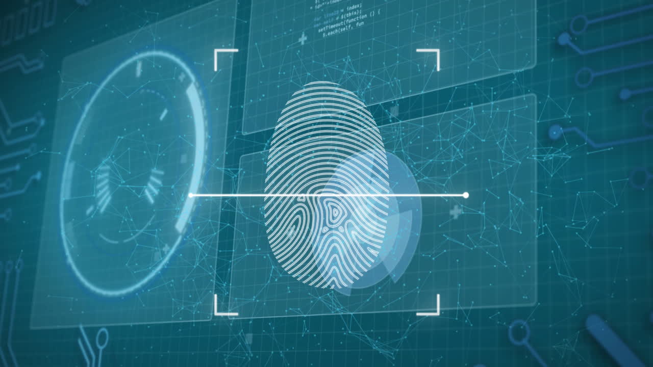 animación del escáner biométrico de huellas dactilares contra la interfaz con el procesamiento de datos