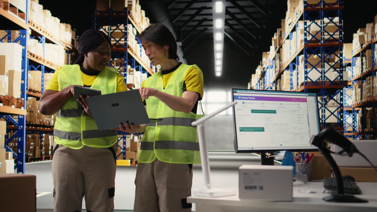 Vertical Video Multiethnic staff processing e-commerce orders and reviewing invoices