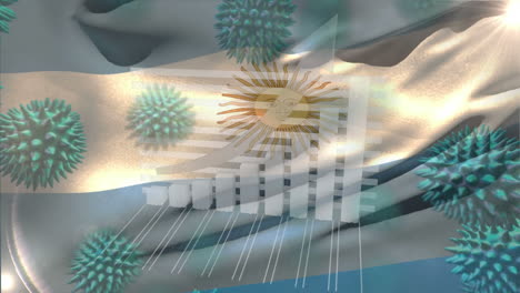 macro corona virus spreading with argentinian flag billowing in the background