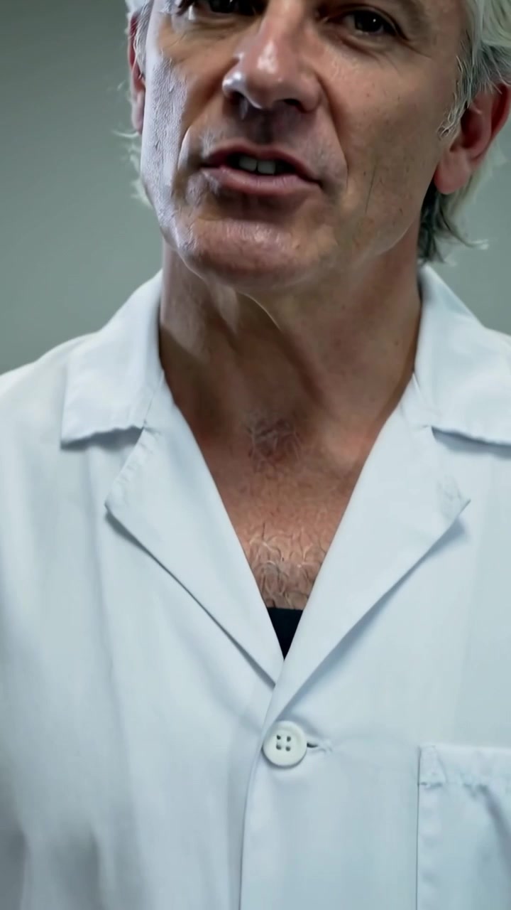 Video verticale: Uomo che parla in camice bianco che indica con la mano destra dei pulsanti in una clinica, per mostrare i pulsanti
