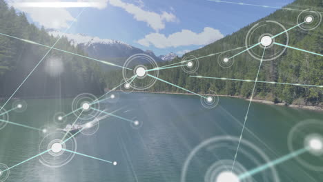 animation of network of connections over lake landscape