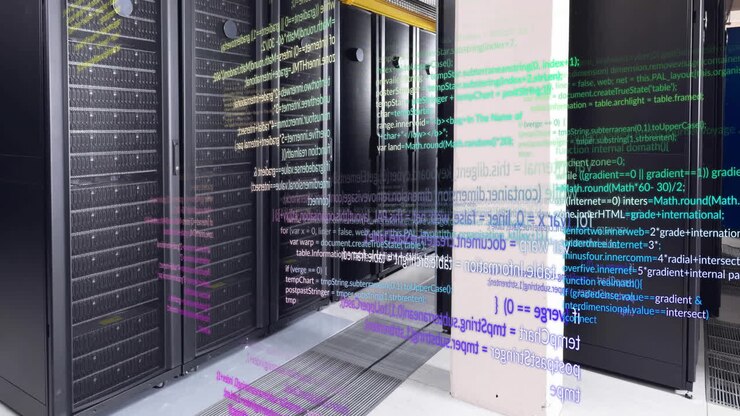 Animation of multicolored computer language over data server room