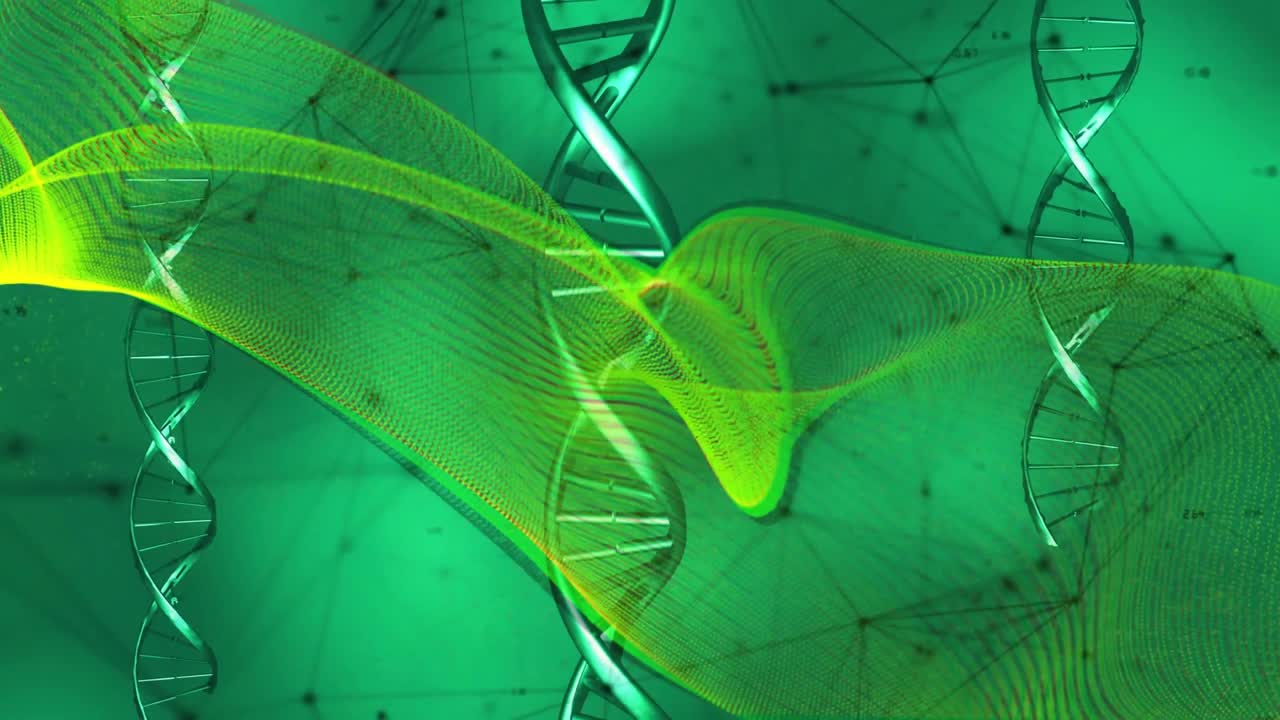 Transluzentes Gitter bewegt sich von links nach rechts wellenförmig um eine zentrale DNA-Helix und zeigt molekulare Bewegung.