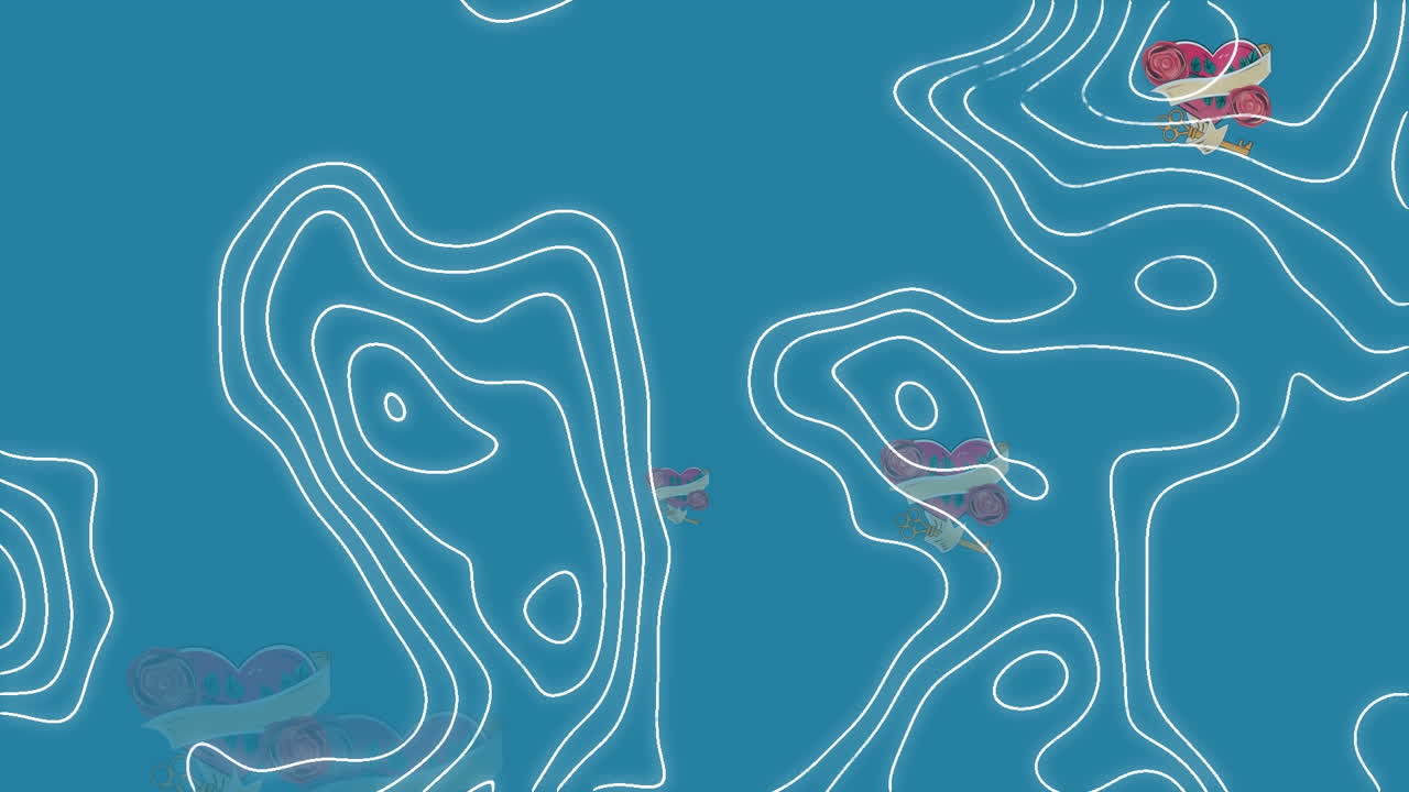 animación de una carta topográfica blanca que se mueve sobre corazones con rosas y llaves, sobre fondo azul