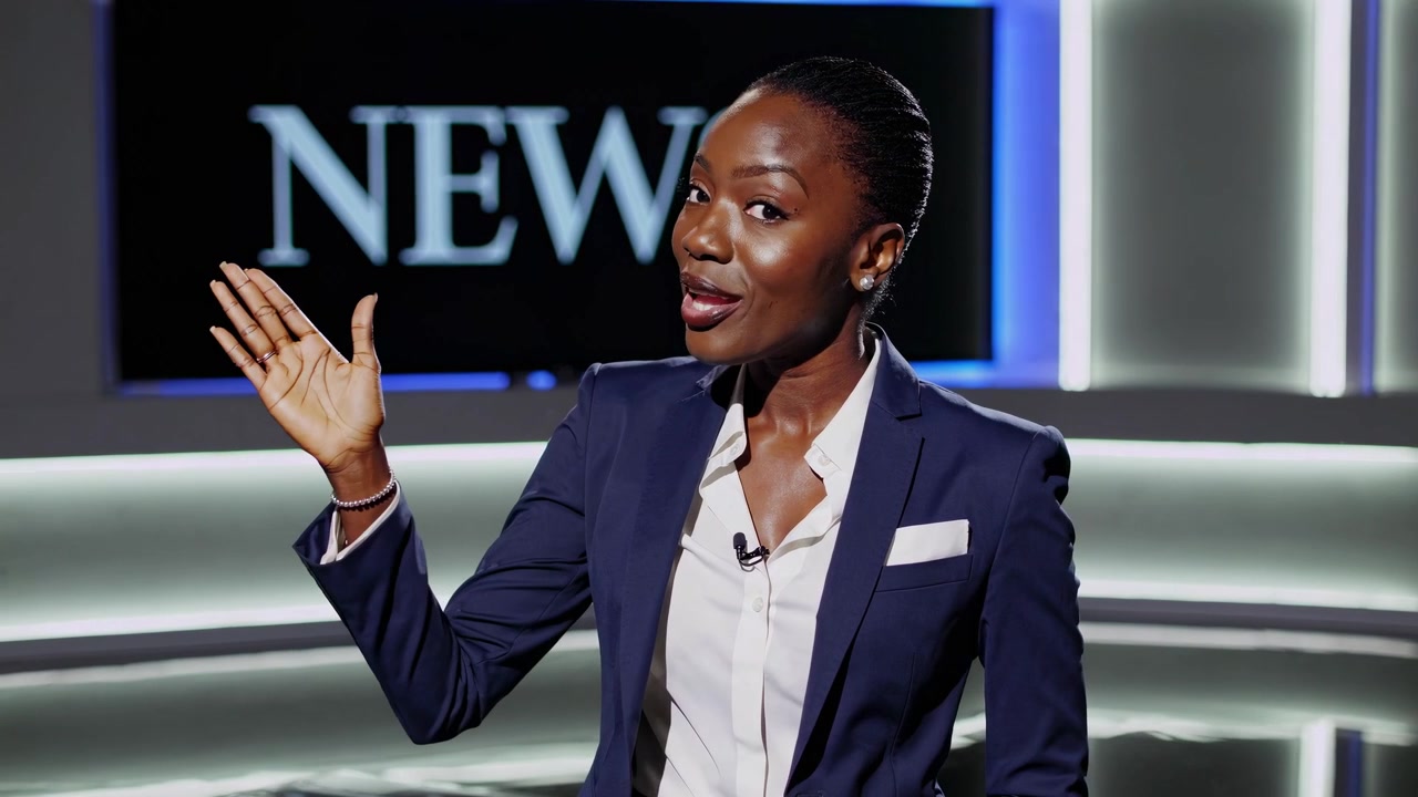 Professional Black Woman News Anchor Speaking in Television Studio