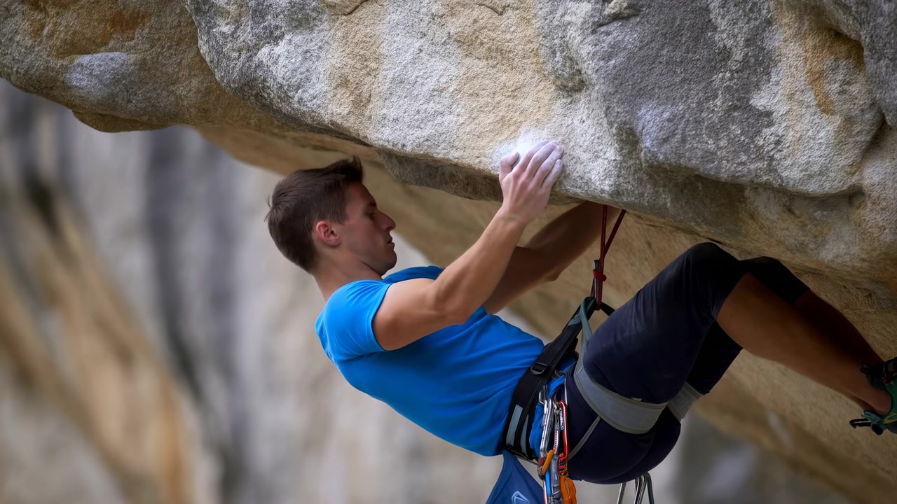 Athletic man in blue shirt holds position beneath steep rock overhang, shifting his gaze and hand placement while secured by harness and rope, with shallow-focus cliff scenery behind.