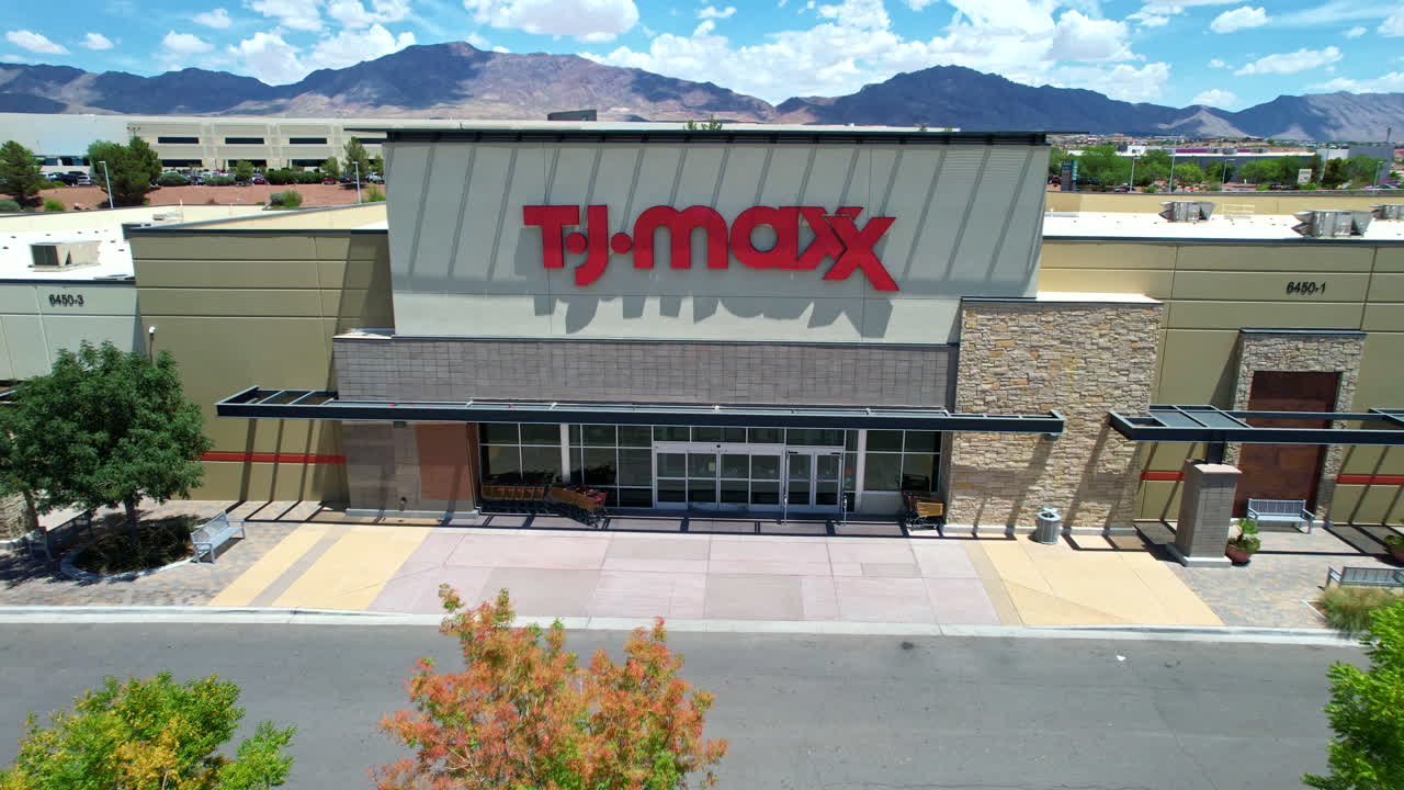 TJ Maxx. Aerial Drone Shot Of Large American Department Store Retail Chain Location Storefront.