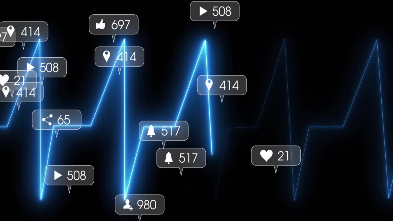 Neon-blue pulse line flowing across black backdrop, carrying floating social media metric icons