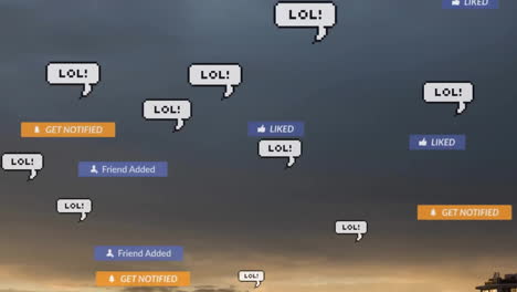 animation of lol text chat messages and social media notifications on sunset sky