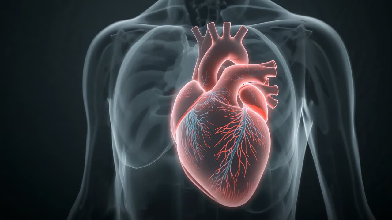 Cuore commovente che si rivela in avanti e si illumina all'inizio nel torace medico, mostrando i vasi coronarici