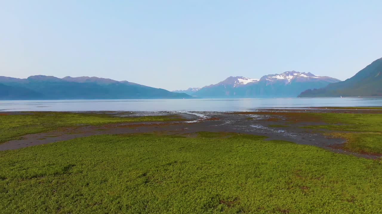 화창한 여름날 valdez ak의 port valdez 너머 shoup bay 주립 해양 공원의 4k 드론 비디오