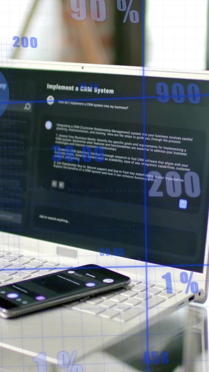 Animação de estatísticas e processamento de dados sobre um computador em uma mesa de escritório