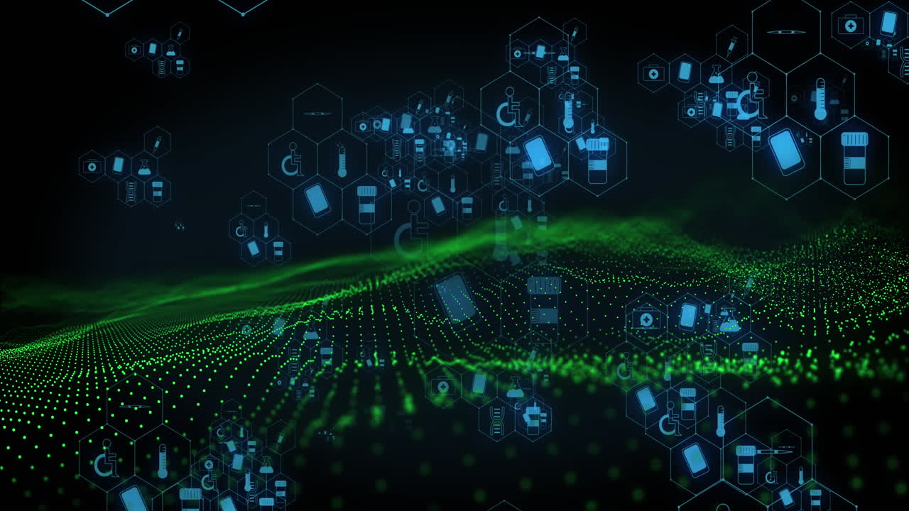 animación de iconos médicos y procesamiento de datos sobre fondo negro