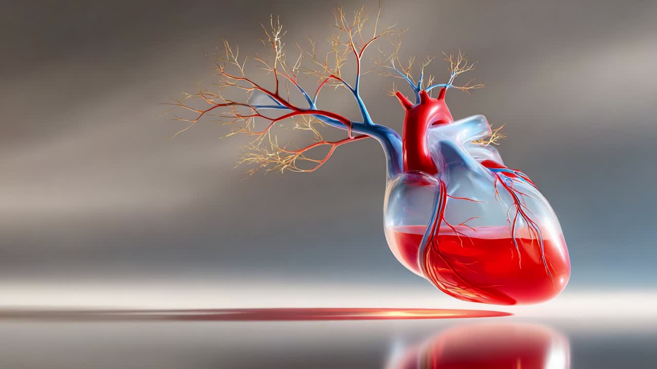 An intricate 3D representation of a human heart, showcasing vivid colors with arteries and veins, emphasizing its anatomical features, symbolizing life, health, and circulatory functions in a stylized format