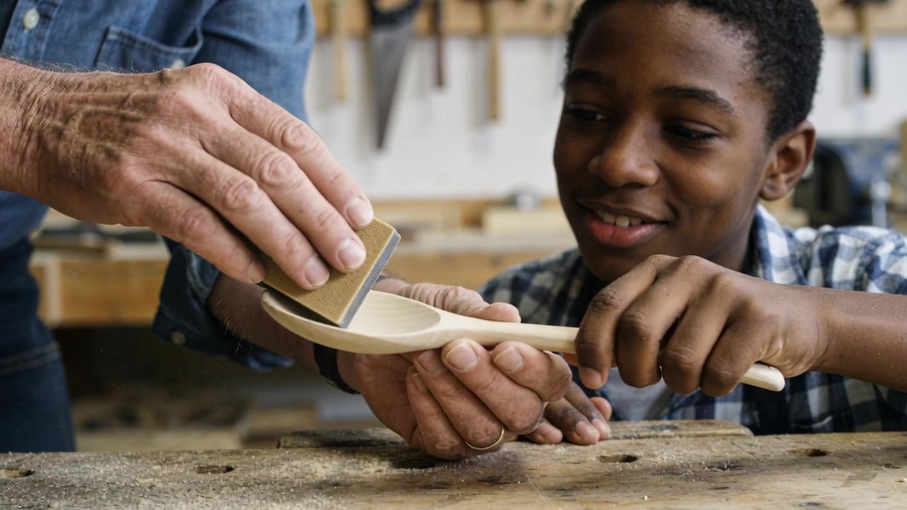 Placing sanding block denim-clad mentor teaching sanding on carved spoon at workbench