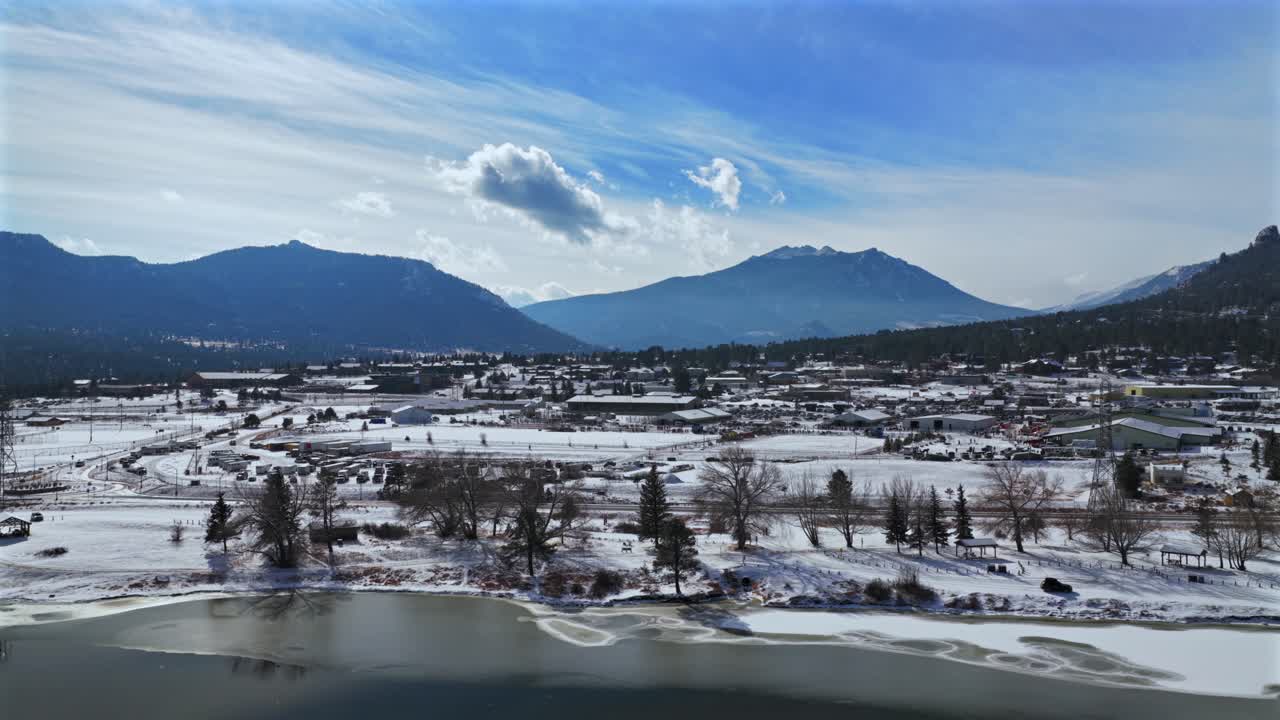 Inverno, Quartiere fieristico di Estes Park, Rodeo sul tetto, cavalli, Ski Joring, Lago Estes, drone aereo, Catena Frontale del Colorado, Parco Nazionale delle Montagne Rocciose, Contea di Larimer, paesaggio, cielo azzurro e soleggiato, mattina, prospettiva in avanti e in alto.