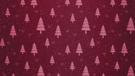 Animation-of-snow-falling-against-christmas-tree-pattern-on-red