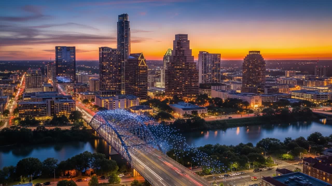 Austin City Skyline at Dusk with Illuminated Bridge and River