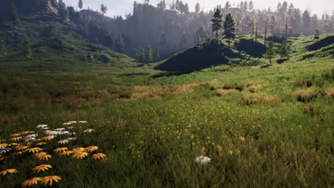 swiss alps with green alpine meadow on a hillside and surrounded by pine forests