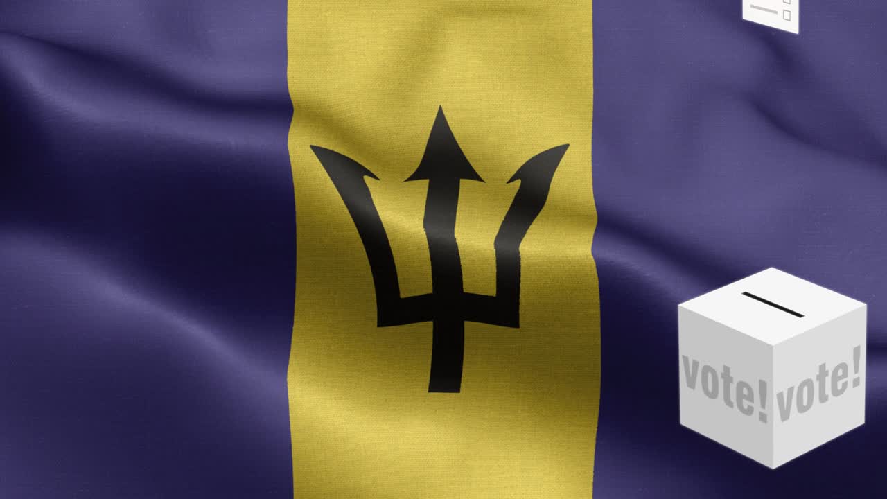 las papeletas vuelan a la caja para la selección de barbados - caja de votación frente a la bandera - elección - voto - bandera de barbados - bandera de barbados de alto detalle - bandera nacional de barbados patrón de ondas elementos bucleables - textura de tela y bucle sin fin