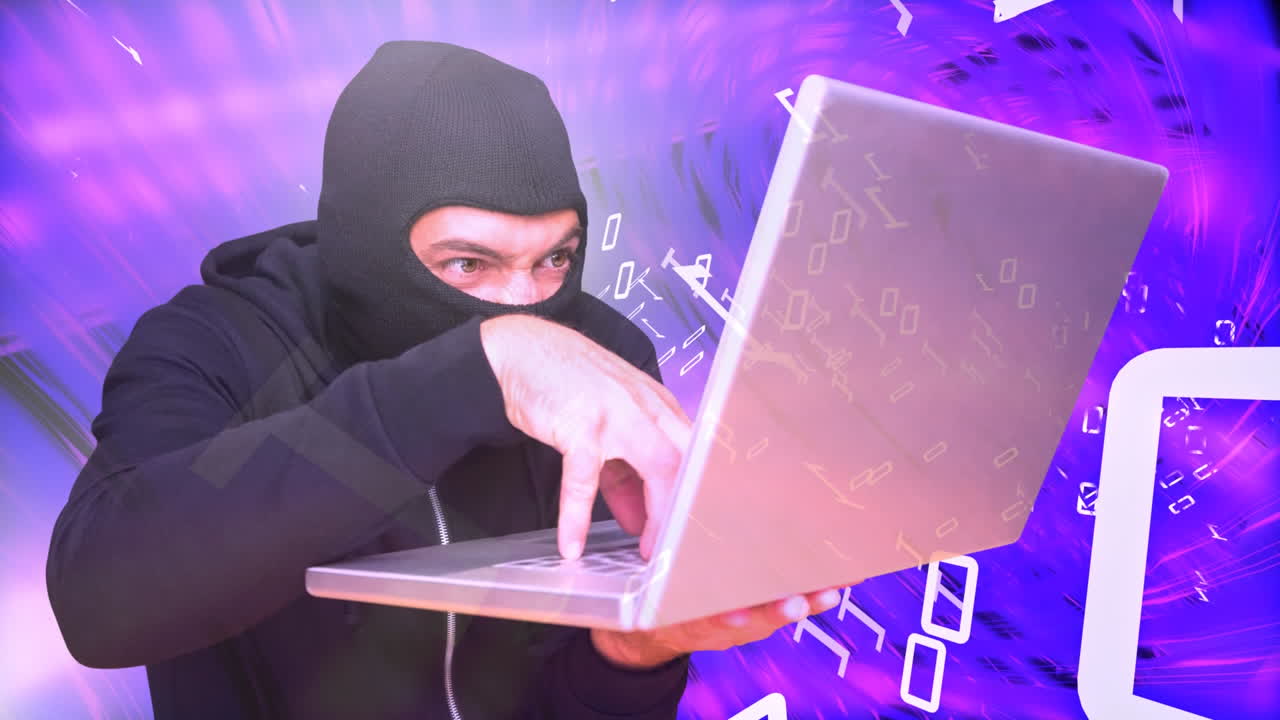 animación digital de un hacker usando una computadora portátil contra un fondo púrpura brillante 4k