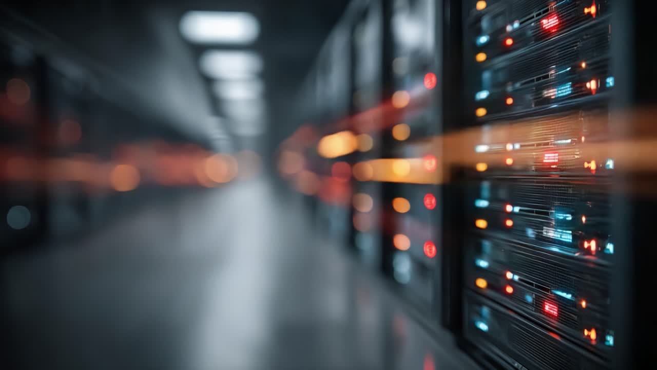 Flusso di dati dinamico in una moderna sala server: visualizzazione della velocità e della connettività dell'infrastruttura di calcolo ad alte prestazioni.