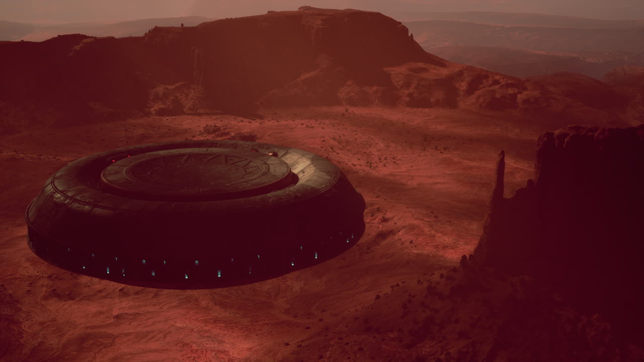 UFO hovering over a red planet landscape
