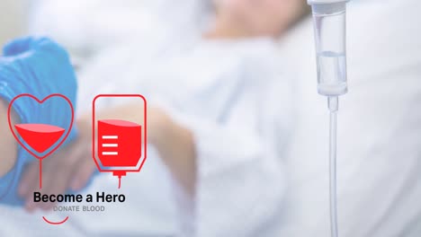 Animation-of-become-a-hero-donate-blood-text-over-doctor-taking-blood-sample