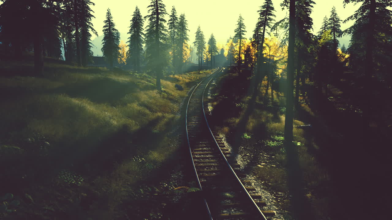 숲의 열차 트랙 위에서 해가 뜨는 것
