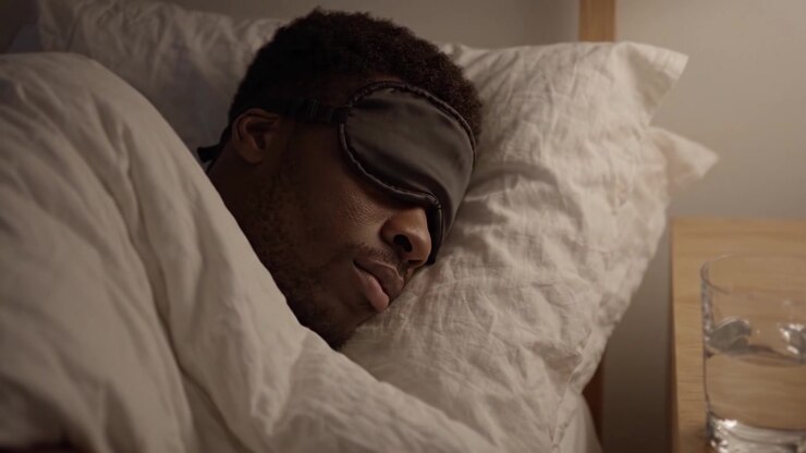 A Peaceful Night's Sleep: Capturing the Serenity and Comfort of Resting in Bed with an Eye Mask on and a Glass of Water Nearby