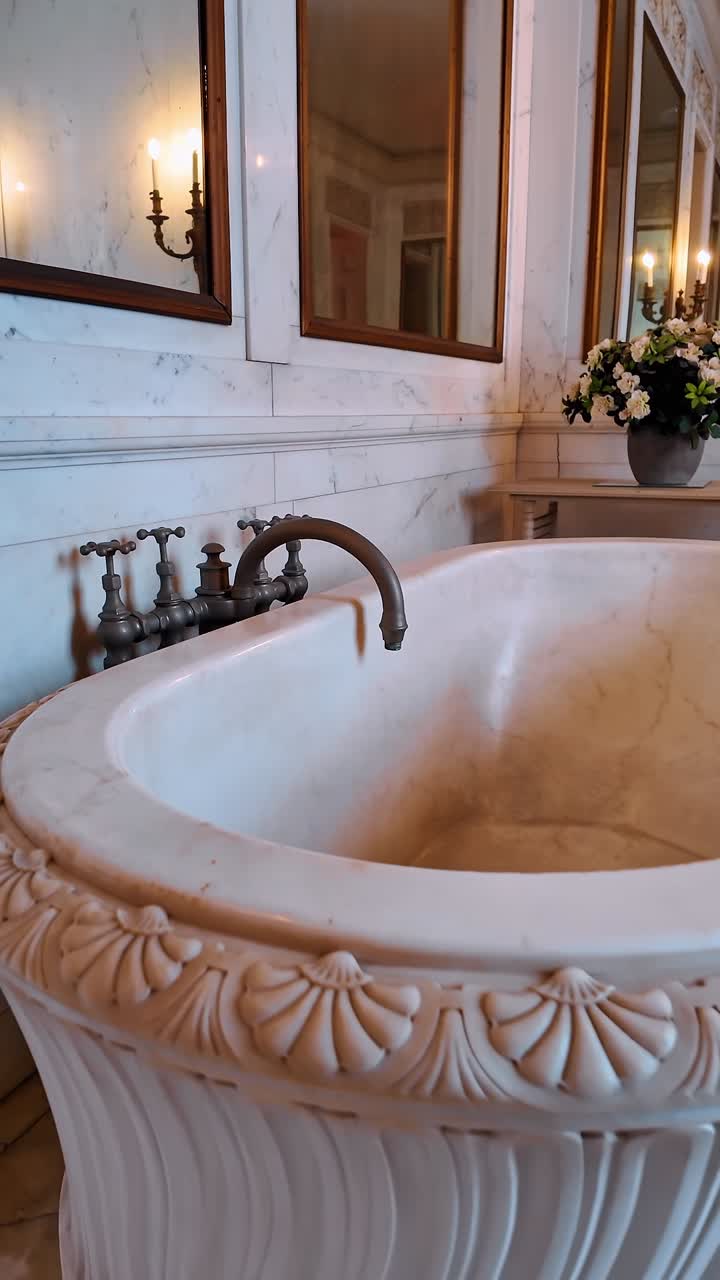 Boston, USA, 5 maggio 2025: Dettaglio di una vasca da bagno di lusso in marmo con rilievo decorativo a conchiglia. Primo piano tecnico di una vasca in marmo bianco con onde intagliate e ornamenti a conchiglia