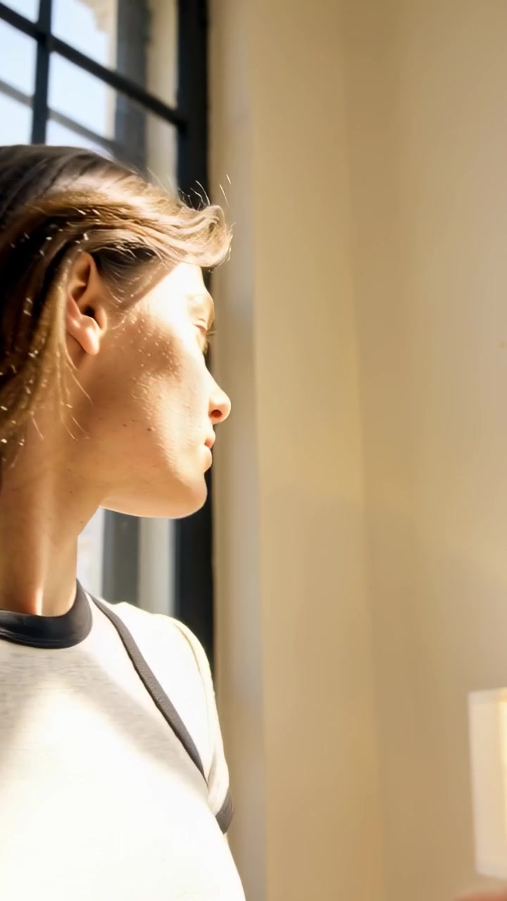 Vertical video: Leaning as sun hits face, woman in light shirt turning to window, reaching switch