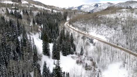 aerial drone shot of woodsy ski resort area in aspen, colorado.