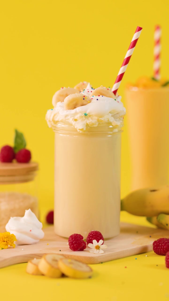 Una mano decora un frullato cremoso alla banana con ombrellino e cannuccia su uno sfondo da studio giallo brillante.