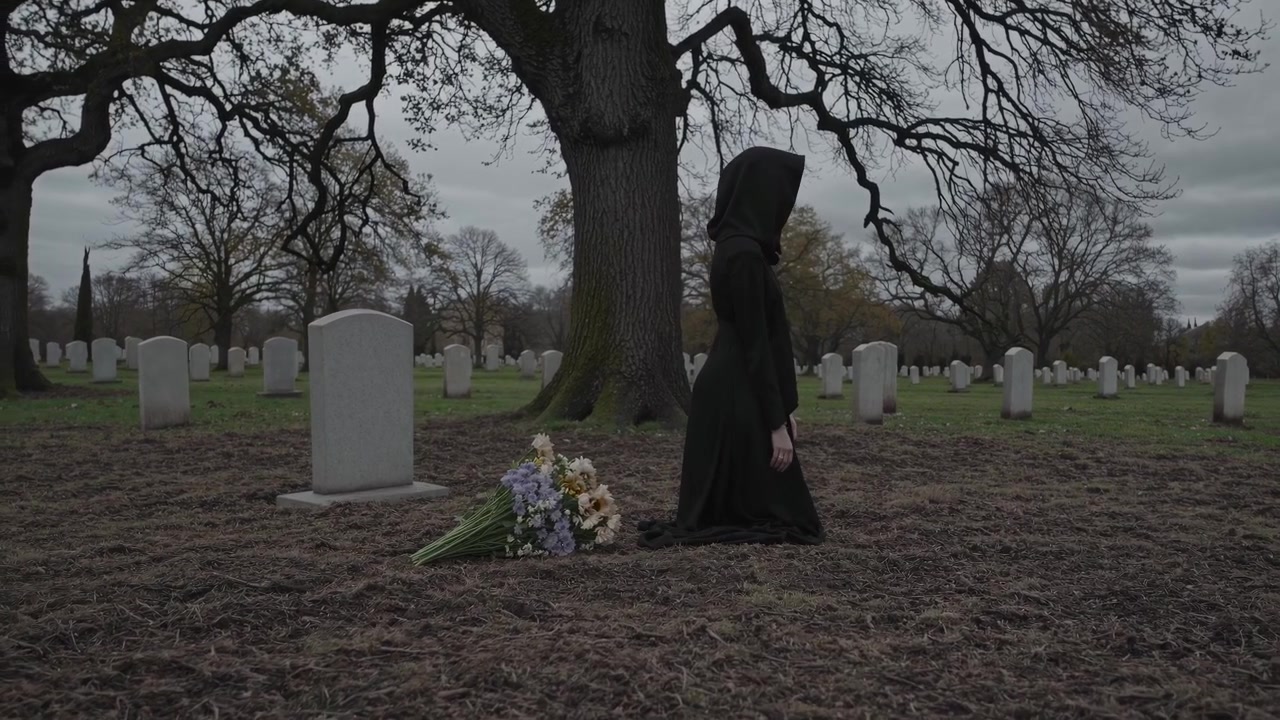 Figura incappucciata e cupa in ginocchio davanti a una lapide in un cimitero