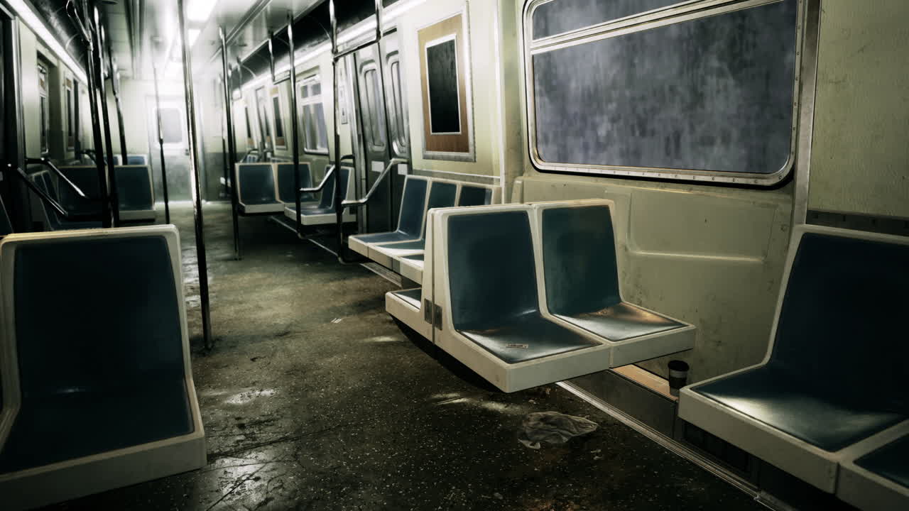 Abandoned subway train interior with wet floor and empty seats at night