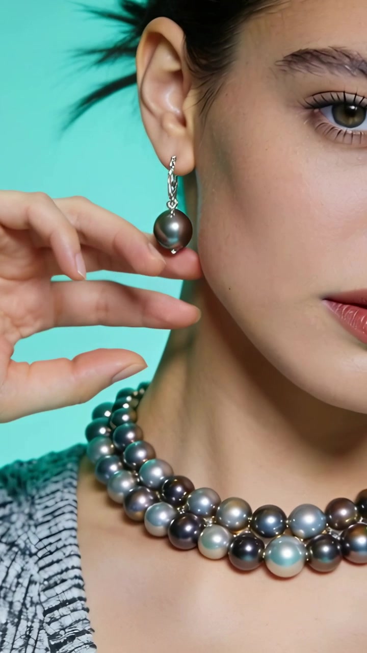 Video verticale: Modella in studio che sistema un orecchino di perle all'orecchio, presentando una collana a strati.
