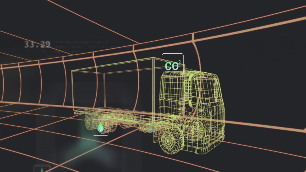 Opening grid-tunnel revealing truck with floating icons and numbers, visualizing CO? metrics