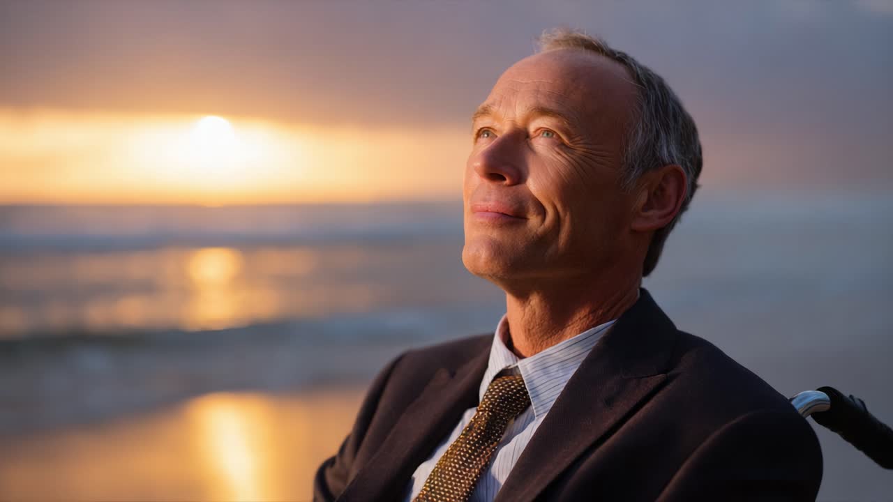 A contemplative man sitting in a wheelchair, gazing towards a beautiful sunset, embodying a moment of reflection and hope by the ocean shore