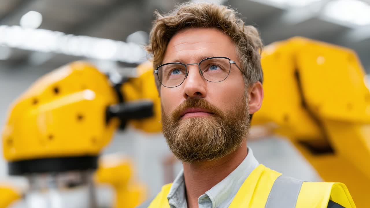 Contemplative Engineer in Modern Manufacturing Facility Reflecting on Robotics and Automation Challenges