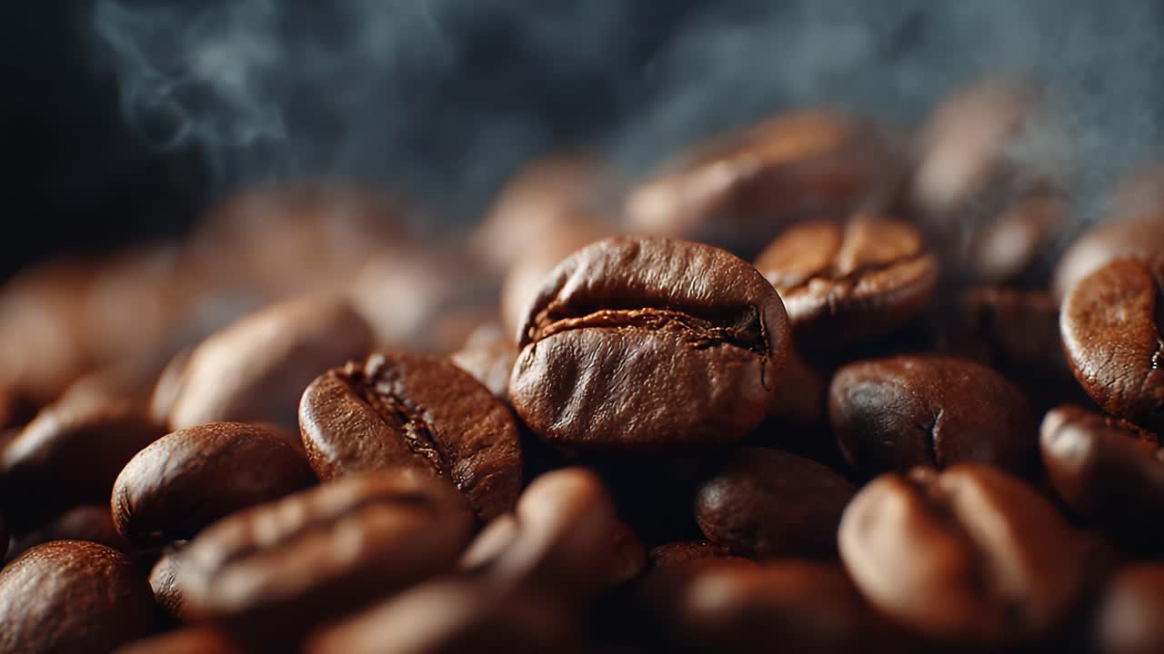 Eine reichhaltige und aromatische Nahaufnahme von frisch gerösteten Kaffeebohnen, die in einer Dampfwolke liegen und die Essenz eines luxuriösen Kaffeeerlebnisses perfekt einfangen