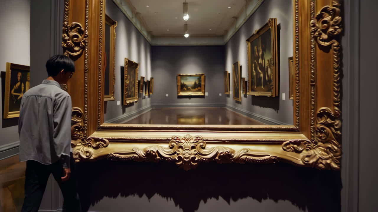 Museum visitor admiring paintings in an art gallery